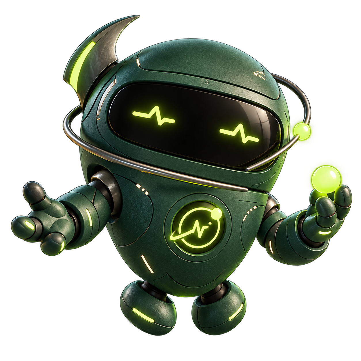 Mascota de CyberNovaRN: observador digital verde con ojos de pulso y una órbita